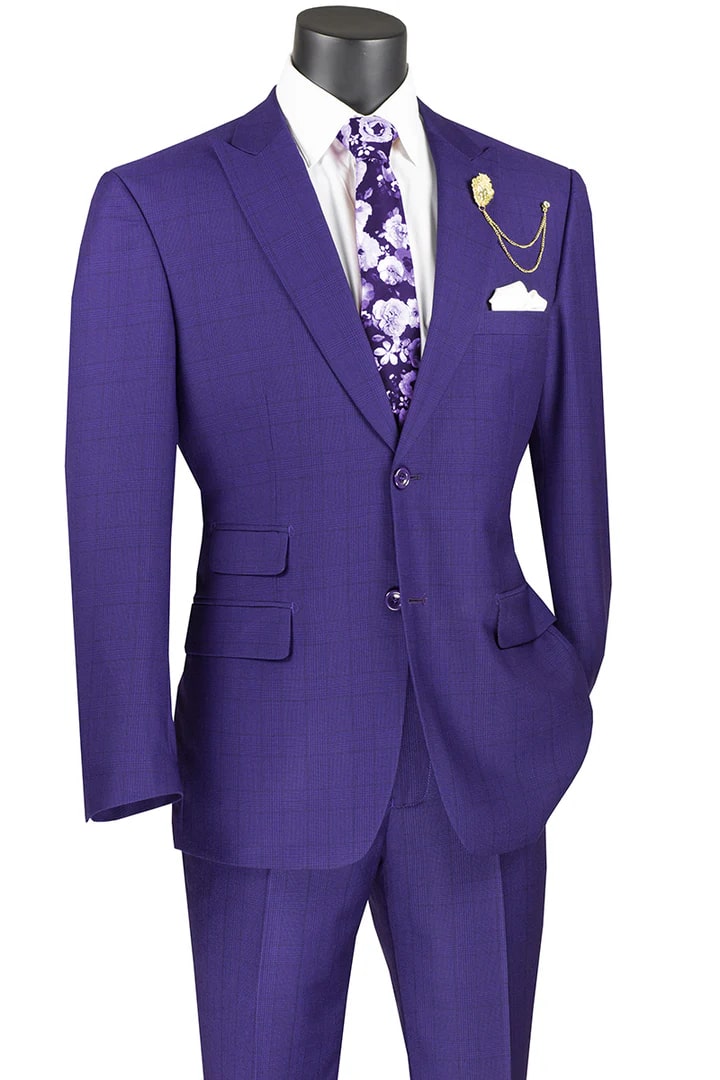 Cheap Suit - Mens 2 Button Modern Fit Peak Lapel Plaid Purple Suit