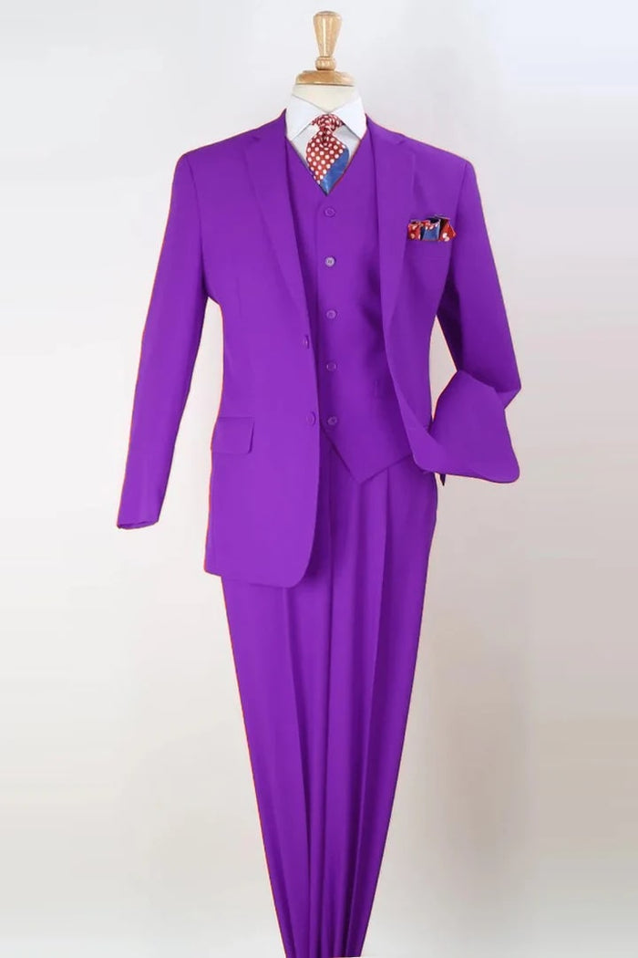 Cheap Priced Suit  - Mens Classic Fit Vested Two Button Pleated Pant Purple Suit