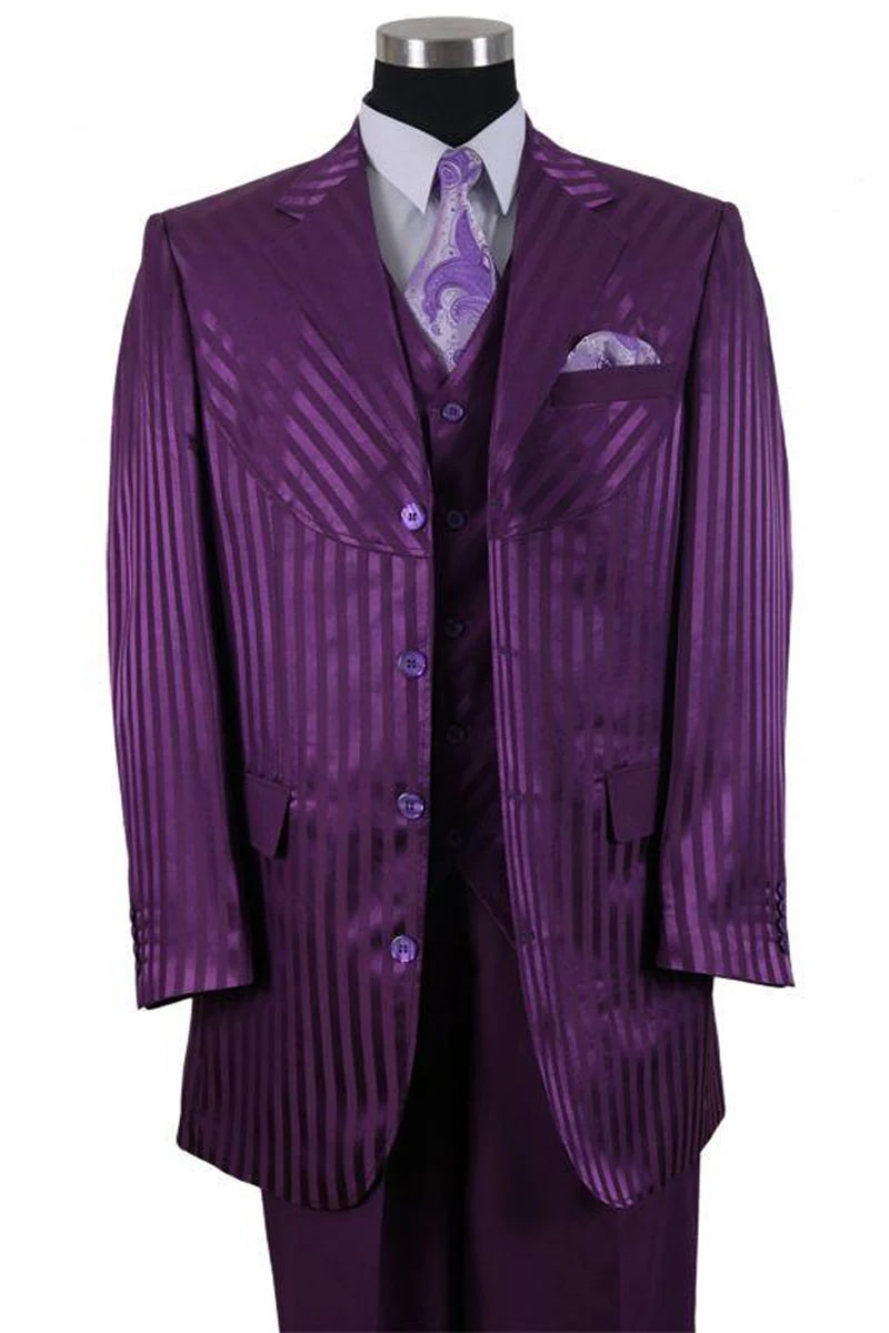 Mens 4 Button Diagonal Tonal Stripe Fashion Suit in Purple