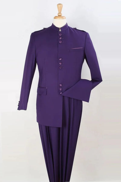 Cheap Priced Suit  - Mens Classic Military Banded Collar Mandarin Safari Purple Suit