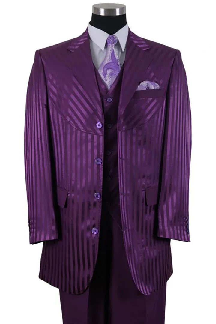 Cheap Suit - Mens 4 Button Semi Wide Leg Shiny Tonal Stripe Fashion Purple Suit - 38 Short Jacket+32 Waist Adjustable 28to34)(Height: 5 4 to5 7 )(Neck  15-16.5)S-M)