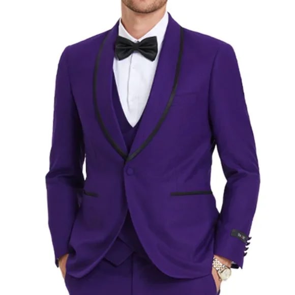 New Tazio Birdseye Textured Purple Tuxedo | Shawl Collar Satin Trim 3-Piece - 38 Short Jacket+32 Waist Adjustable 28to34)(Height: 5 4 to5 7 )(Neck  15-16.5)S-M)