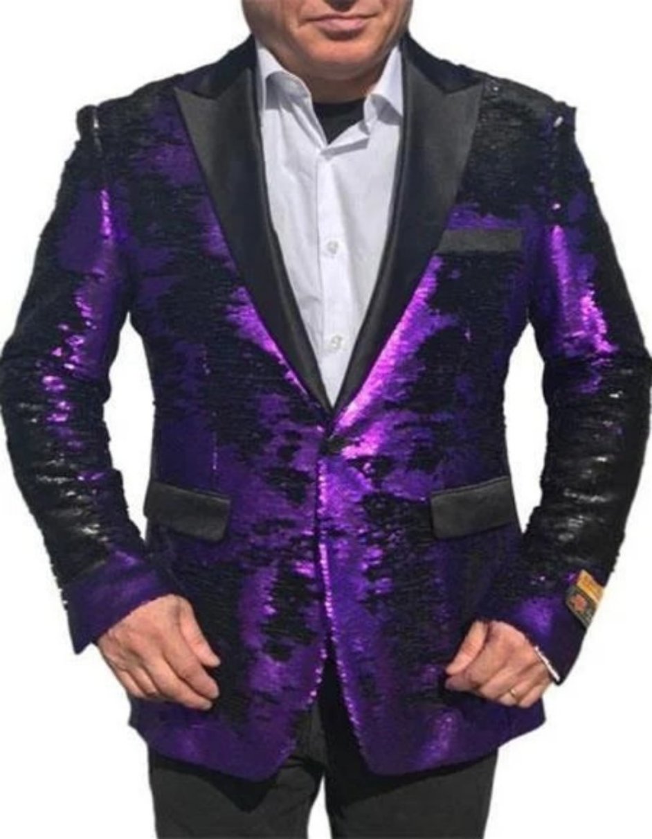 Mens Big And Tall Sequin Blazer - Shiny Fancy Sport Coat + Matching Bowtie + Purple Tuxedo