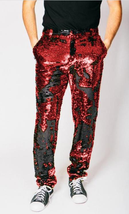 Mens Sequin Pants - Red Dress Party Pants - Dress Size Pants : 28