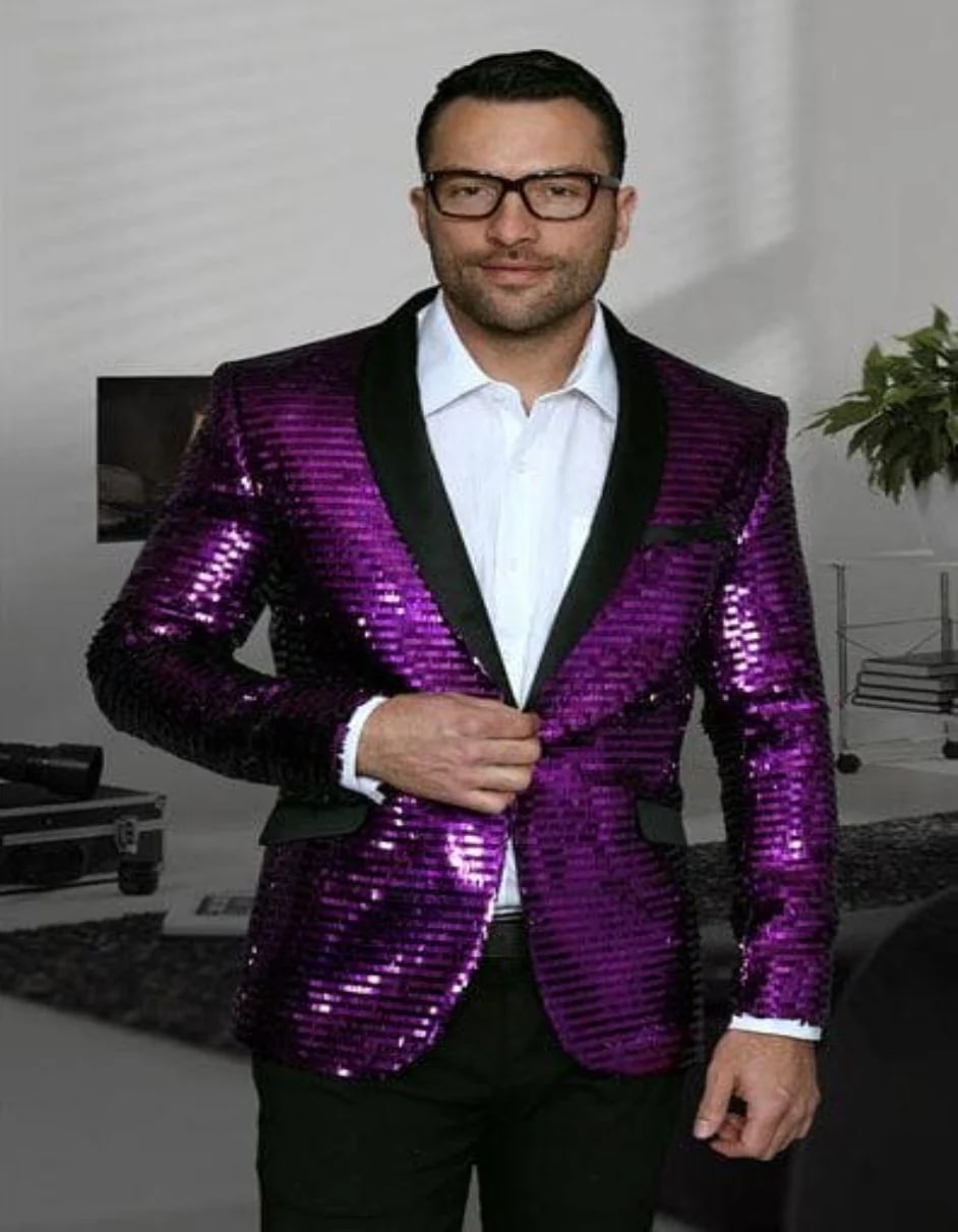 Christmas Blazer - New Year Holiday Tuxedo Dinner Jacket - Purple Sequin Fabric Shiny Perfect For Party - 36 Short