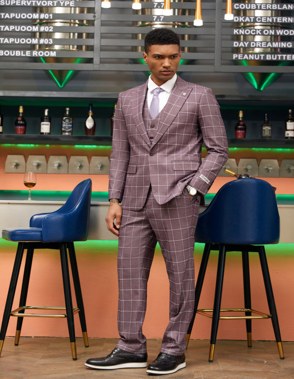 Mens Stacy Adams Suit - Stacy Adams Suit Men's Modern Fit Suit - One Button Vested in Lavender Plaid - 34 Short