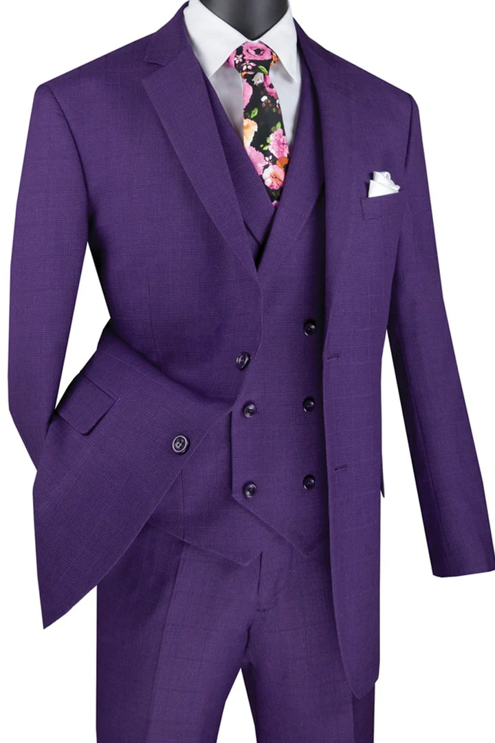 Cheap Suit - Mens 2 Button Double Breasted Vest Plaid Purple Suit