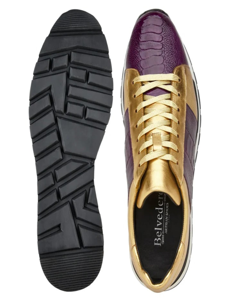 Men's Belvedere Blake Calf & Ostrich Leg Dress Purple and Gold Sneaker - US 9.0 Standard/D/ Medium / Eu:42