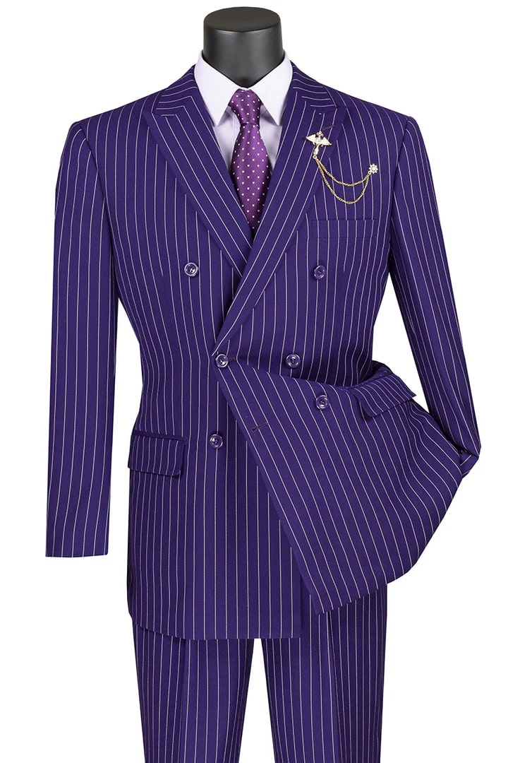 Cheap Priced Suit - Mens Double Breasted Gangster Bold Pinstripe Purple Suit Purple and Plum Prom 2025 Suits - 38 Short Jacket+32 Waist Adjustable 28to34)(Height: 5 4 to5 7 )(Neck  15-16.5)S-M)