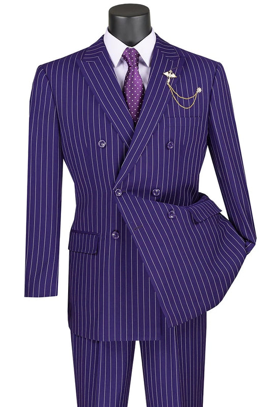 Cheap Suit - Mens Double Breasted Gangster Bold Pinstripe Purple Suit Purple and Plum Prom 2025 Suits