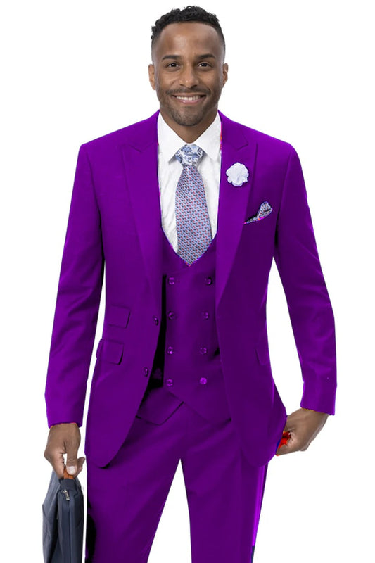 Cheap Suit - Mens Modern Two Button Vested Peak Lapel Purple Suit With Double Breasted Vest Purple and Plum Prom 2025 Suits