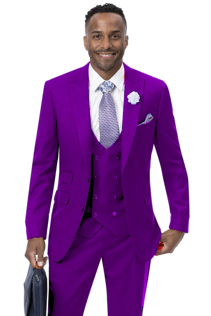 Cheap Suit - Mens Modern Two Button Vested Peak Lapel Purple Suit With Double Breasted Vest