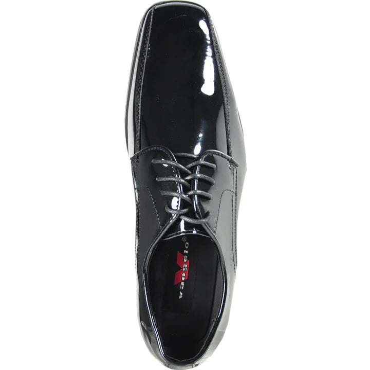 MENS CLASSIC BICYCLE SQUARE POINTY TOE PATENT TUXEDO SHOE IN BLACK