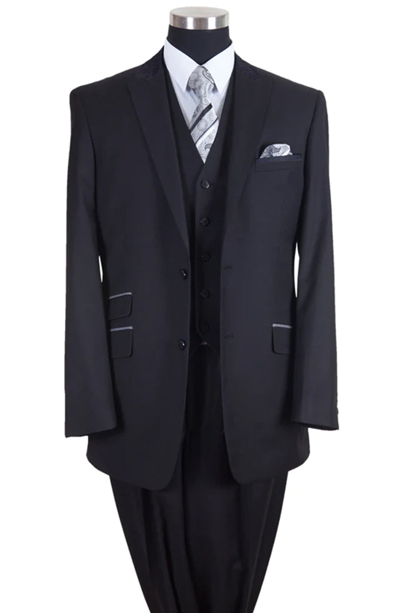 "Black Men's Suit with Contrast Collar - 2 Button Vested Peak Lapel"