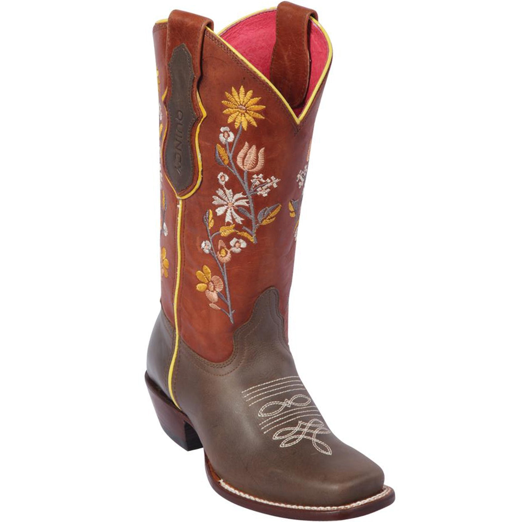 Flowered Square Toe Cowgirl Boots - Brown - Brown