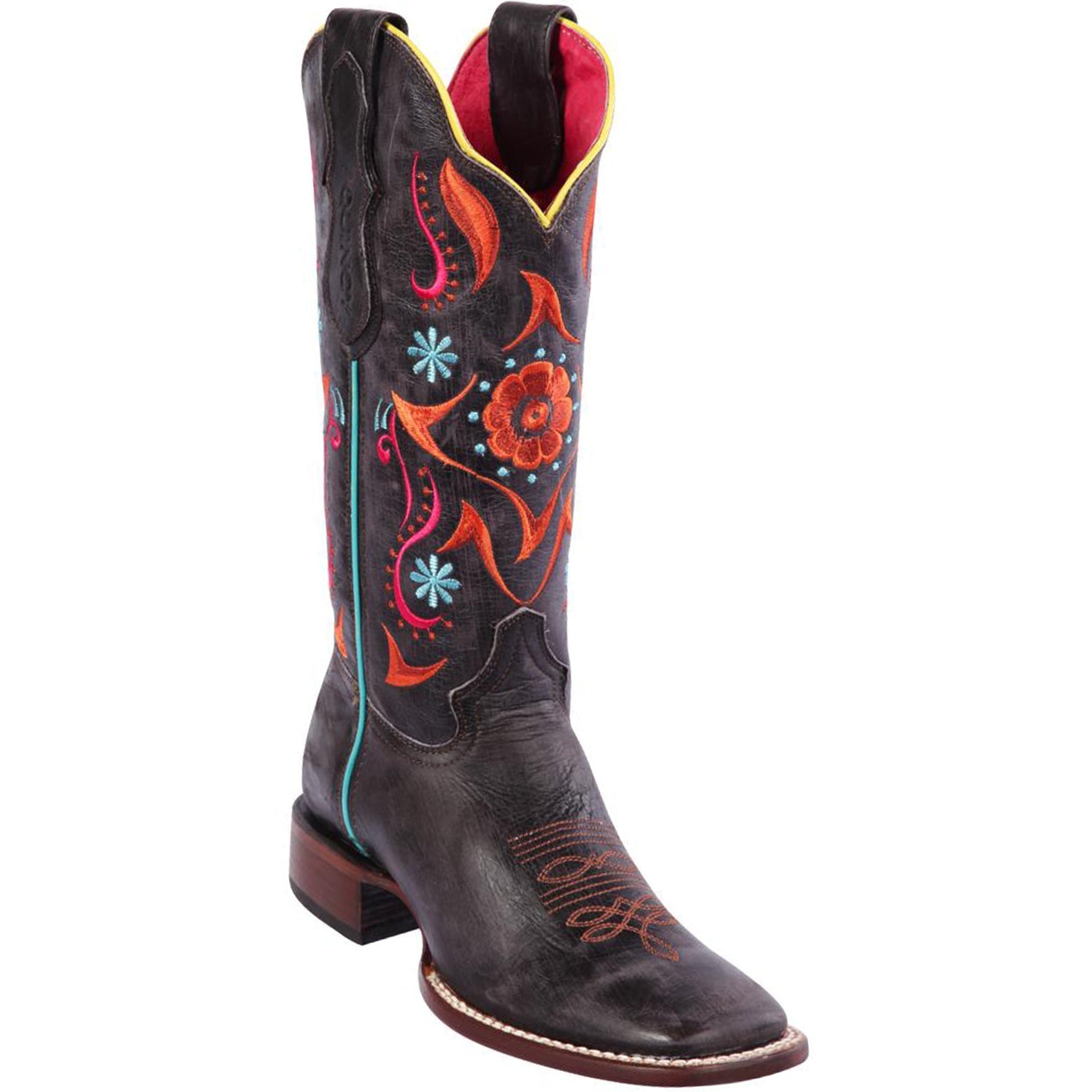 Flower Volcano Square Toe Cowgirl Boots - Grey