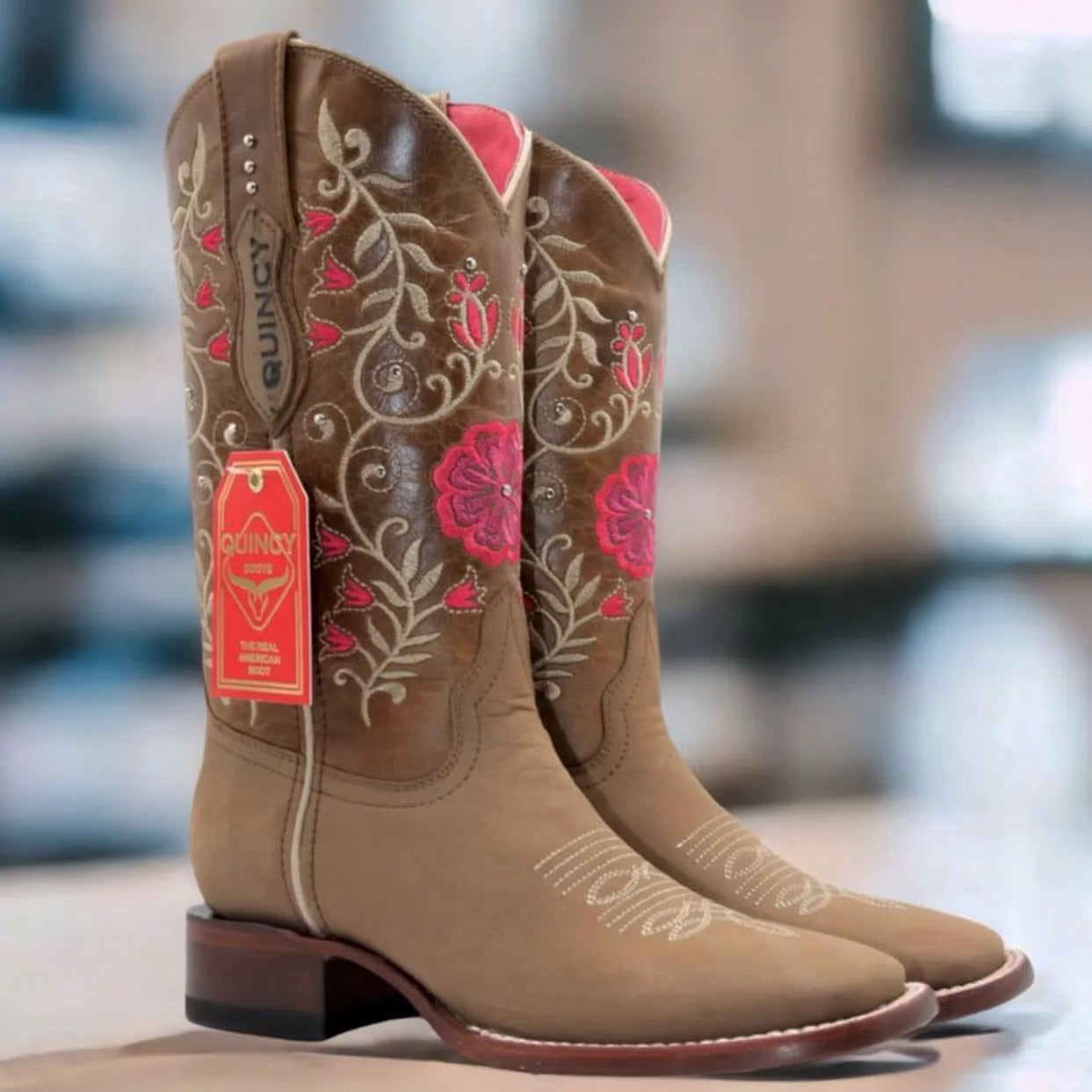 Tan Flowered Cowgirl Boots - Tan