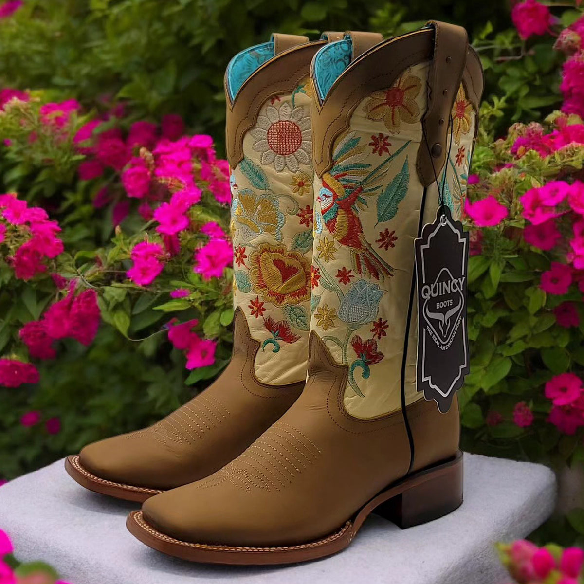 Hummingbird On Flowers Cowgirl Boots - Honey
