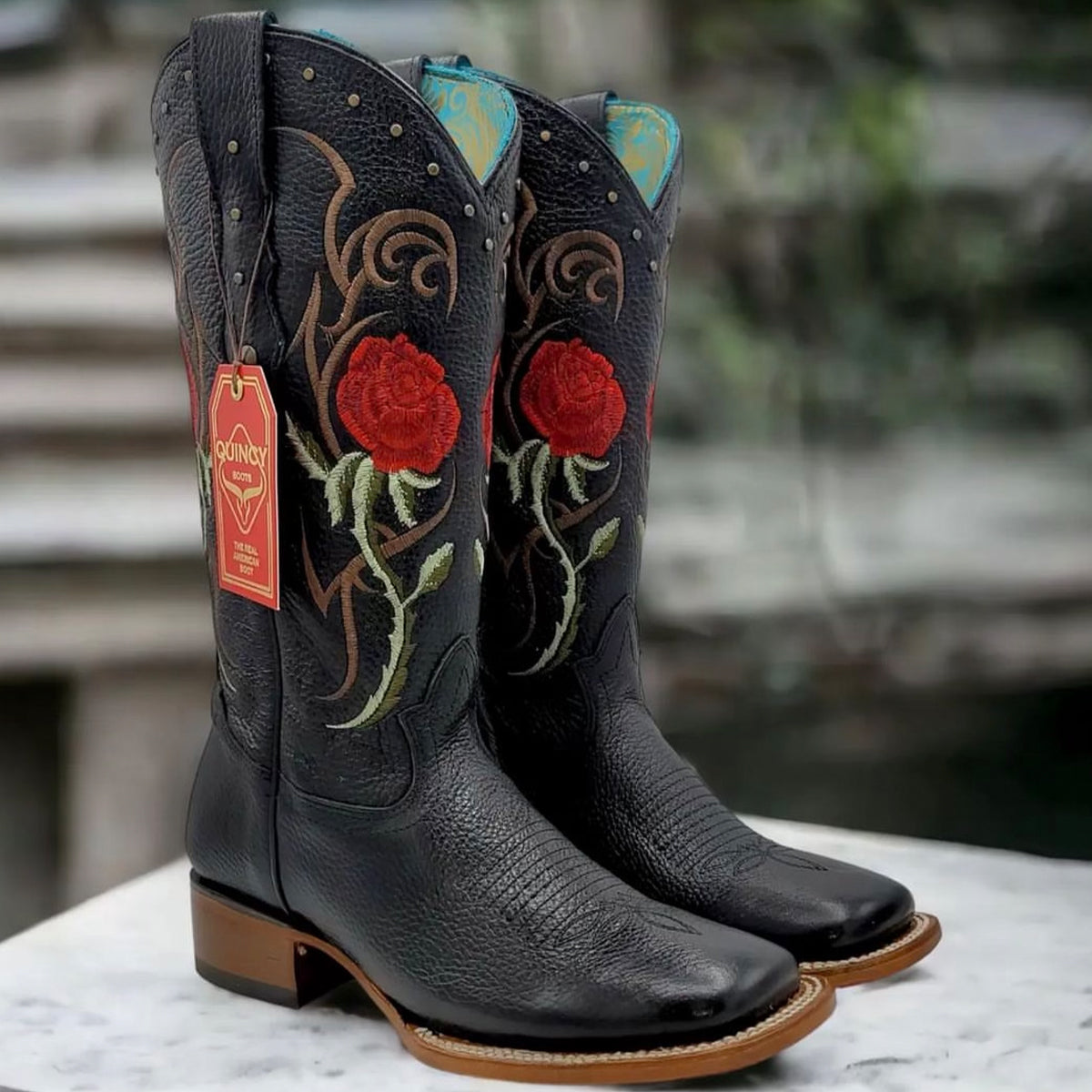 Red Rose Black Cowgirl Boots - Black