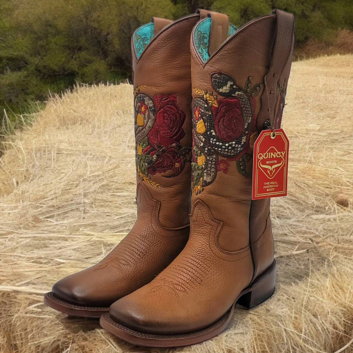 Snake On Red Rose Cowgirl Boots - Honey