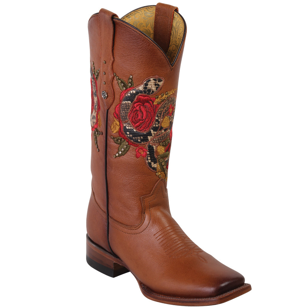 Snake On Red Rose Cowgirl Boots - Honey