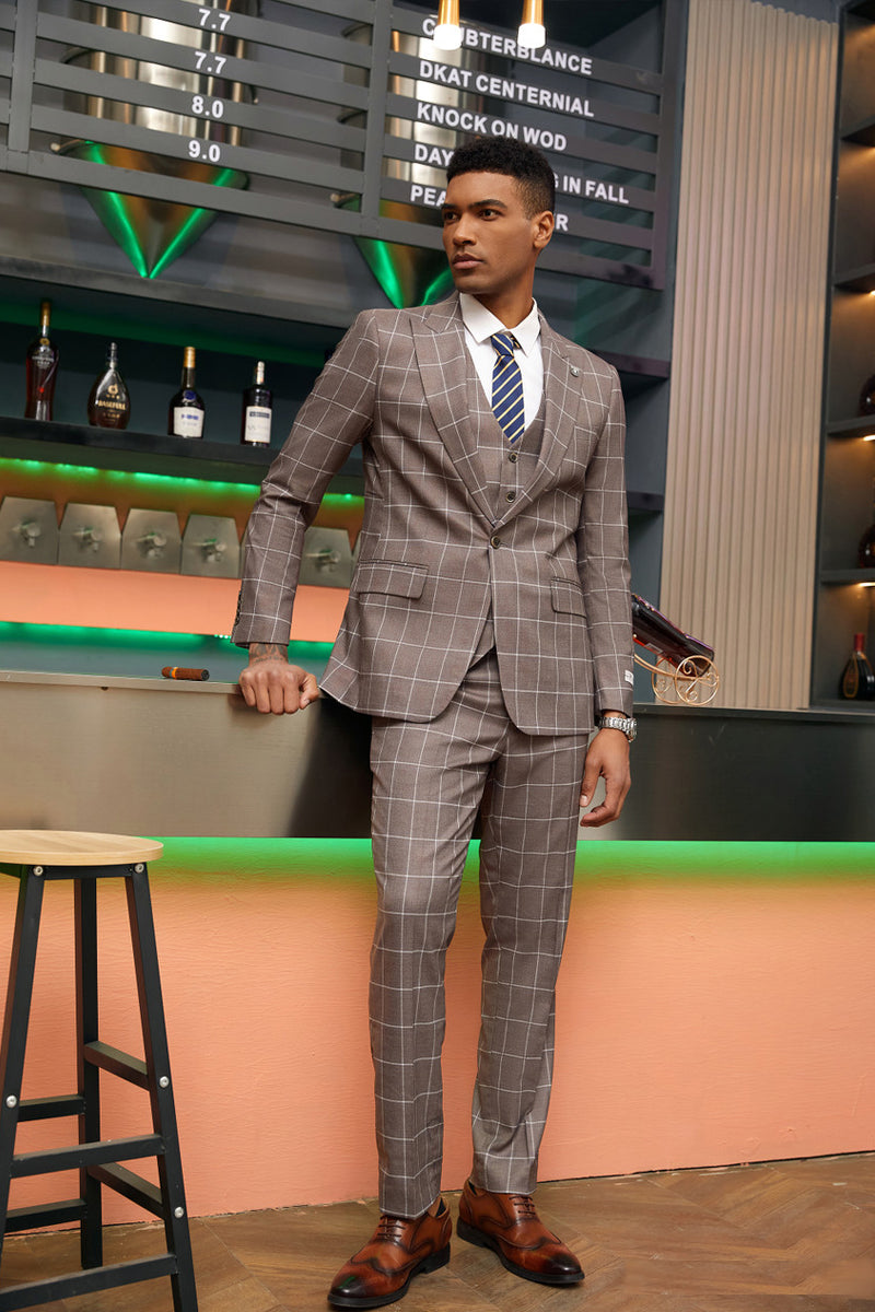 Modern Fit - "Mens Stacy Adams Suit -Stacy Adams Men's Modern Fit Suit - One Button Vested in Light Brown Windowpane Plaid" - 34 Short