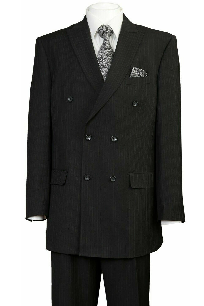 "Double Breasted Black Pinstripe Suit - Men's Classic Peak Lapel" - 38 Long