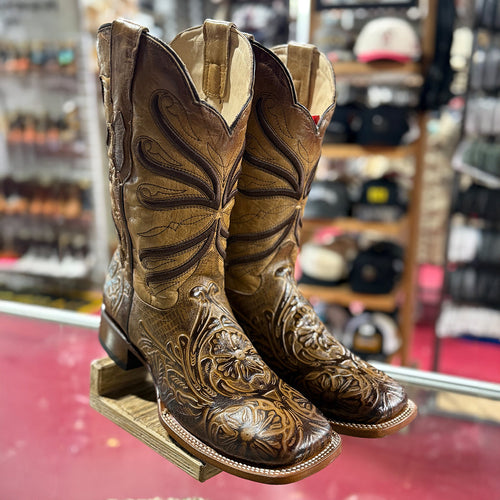 Quincy men's tan tooled square toe cowboy boot