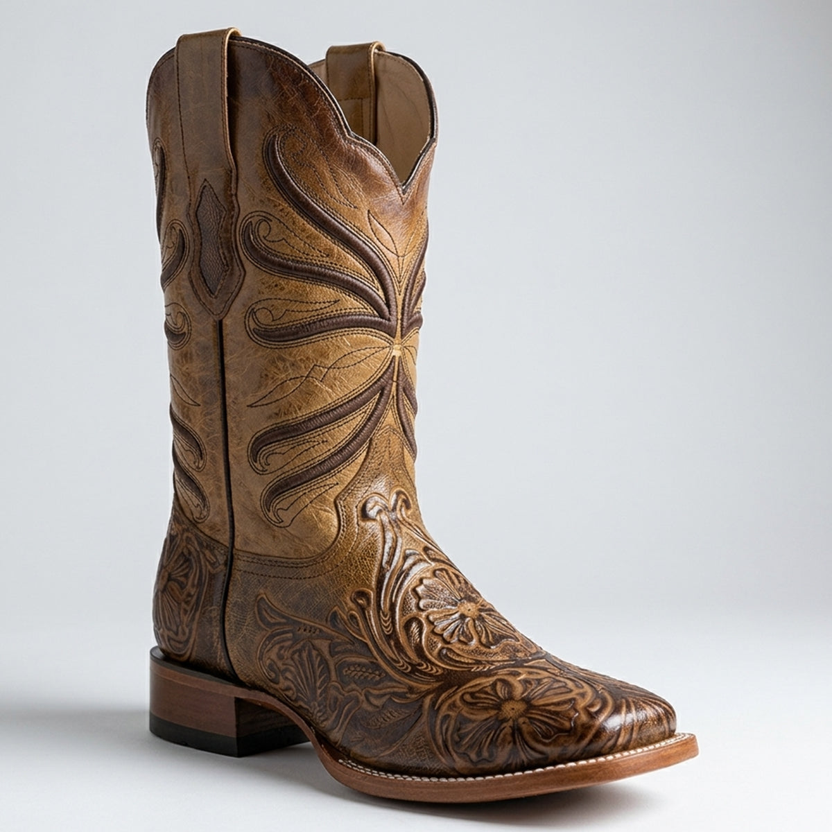 Mens Quincy Boots Tan Tooled Print Cowboy Boots Square Toe - Tan