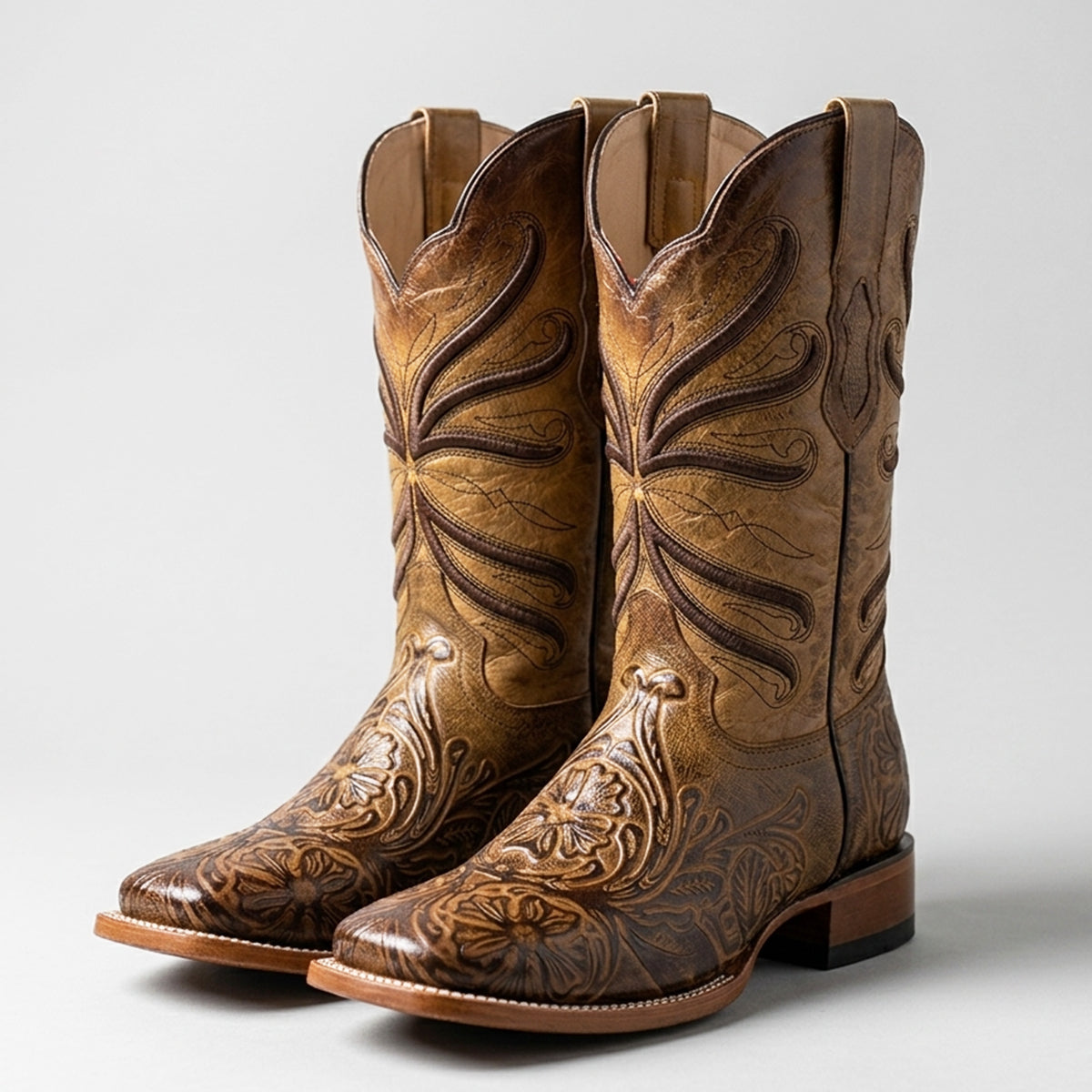 Quincy men's tan tooled square toe cowboy boot