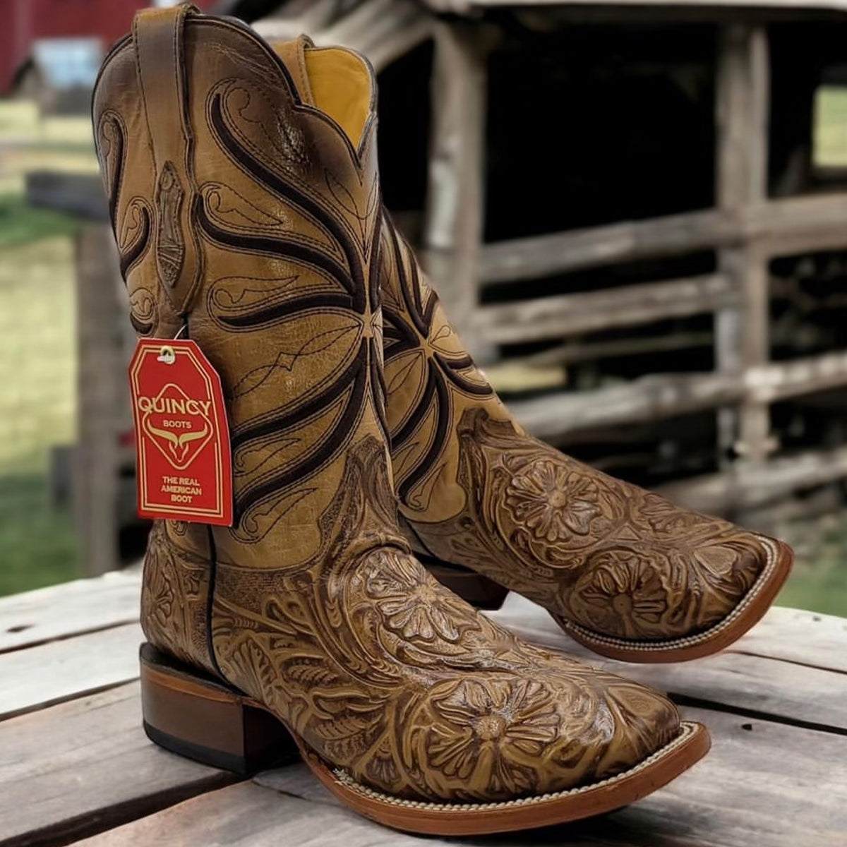 Hand-Tooled Print Cowboy Boots - EE