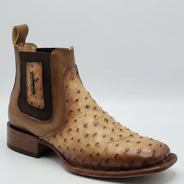 Mens Quincy Boots Short Ostrich Print Western Boots Square Toe - Honey