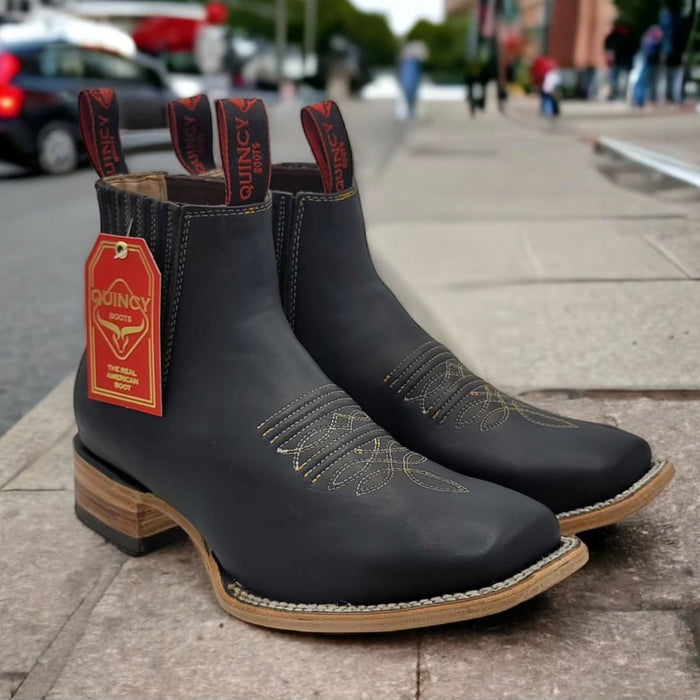 Quincy Men's Crazy Horse Black Chelsea Square Toe Boot