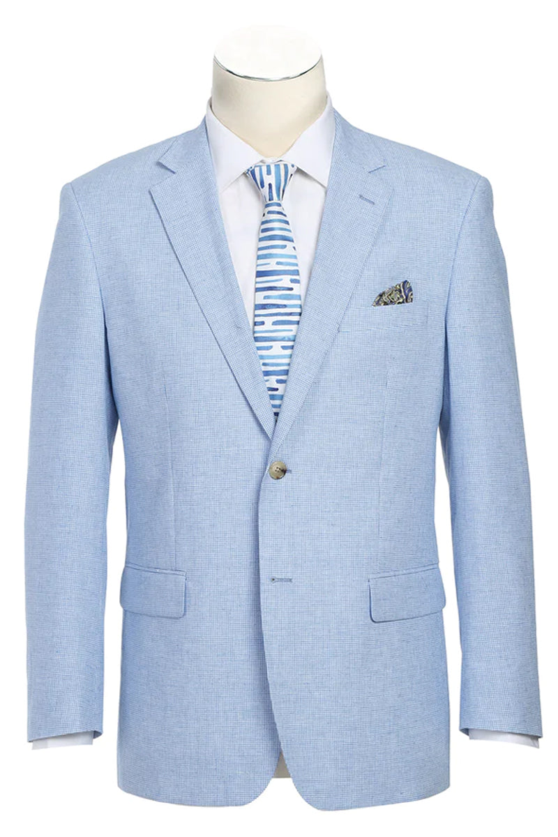 "Cotton Linen Men's Classic Two-Button Summer Blazer in Sky Blue Houndstooth"