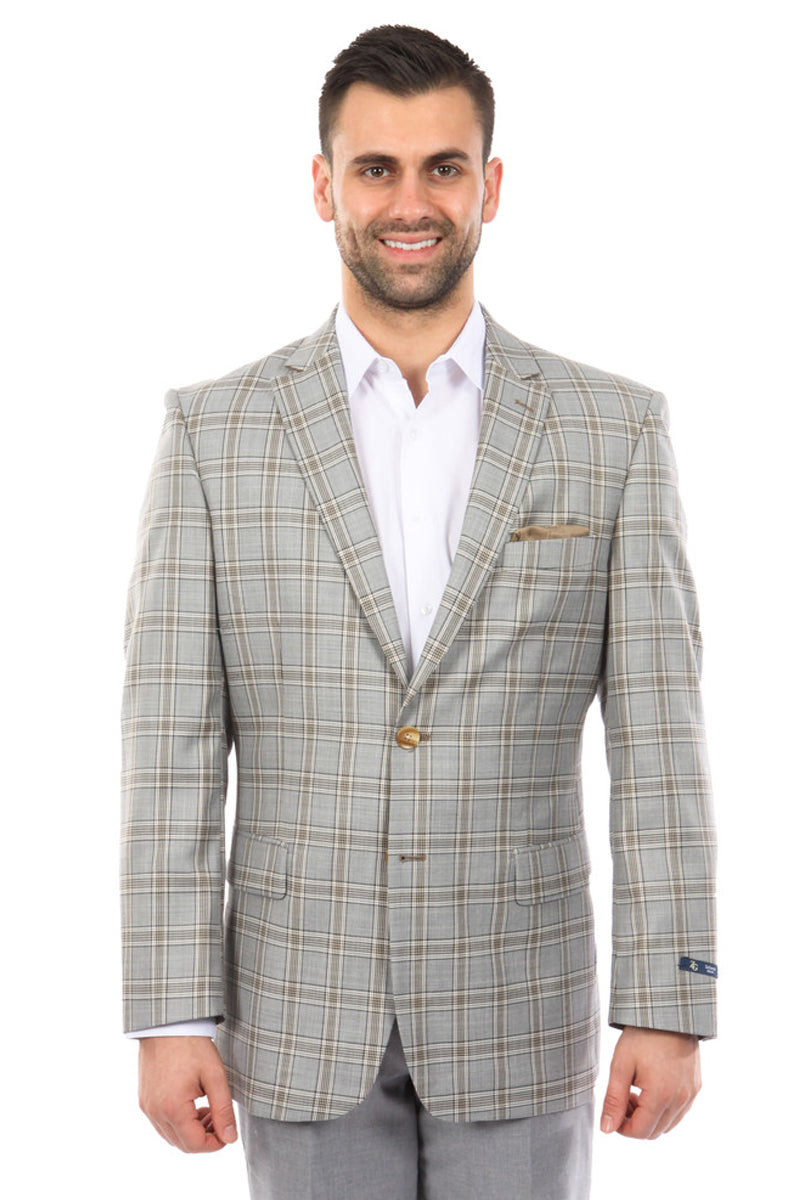 "Windowpane Plaid Sport Coat for Men - Grey & Khaki Two Button" - 34 Short
