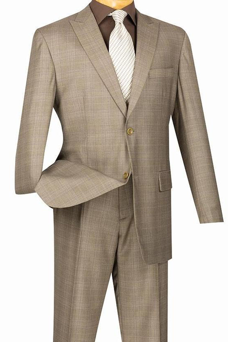 Mens 2 Button Peak Lapel Modern Plaid Suit in Tan - 36 Short