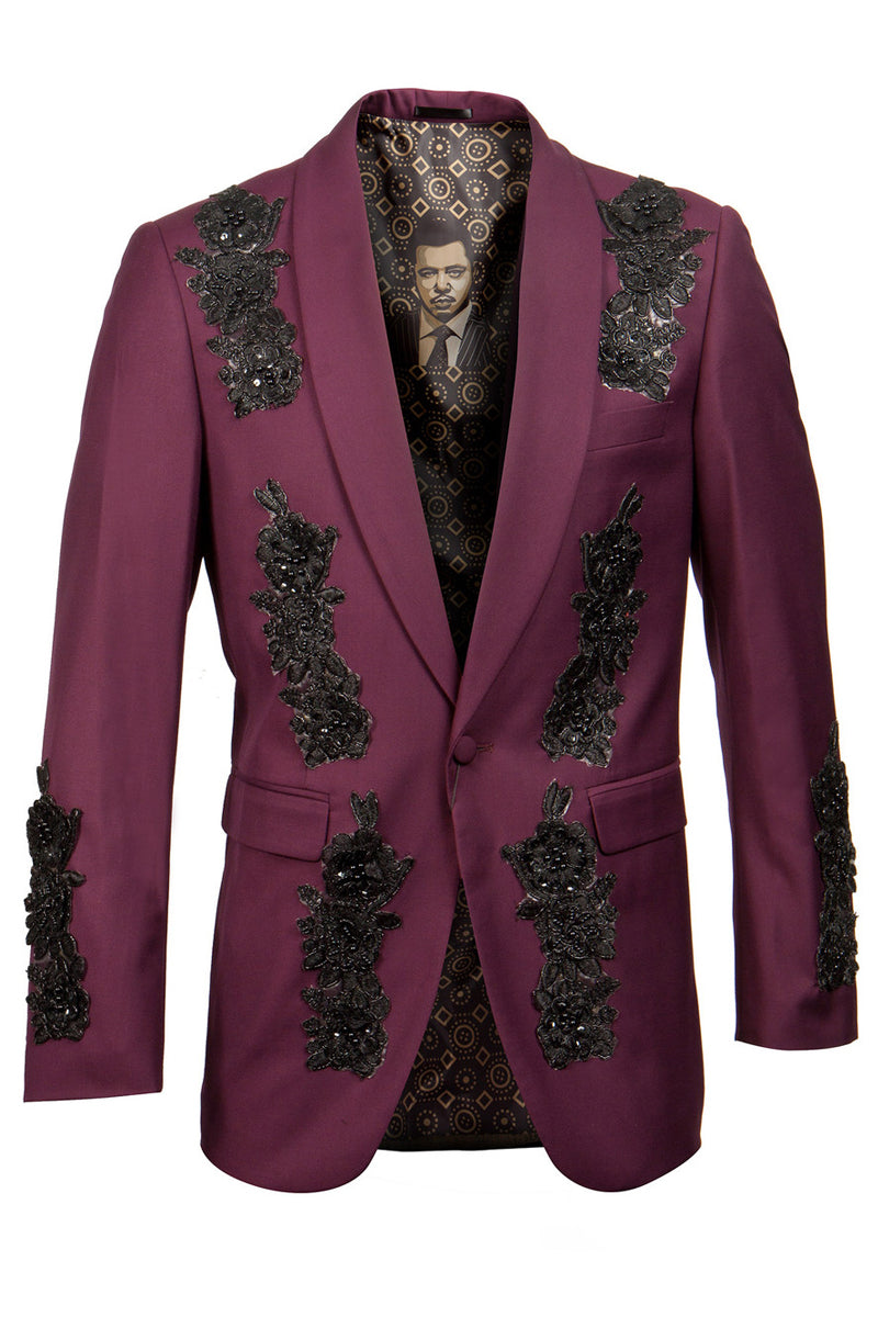 "Burgundy Men's Dinner Jacket with Shawl Collar & Floral Sequin Overlays"