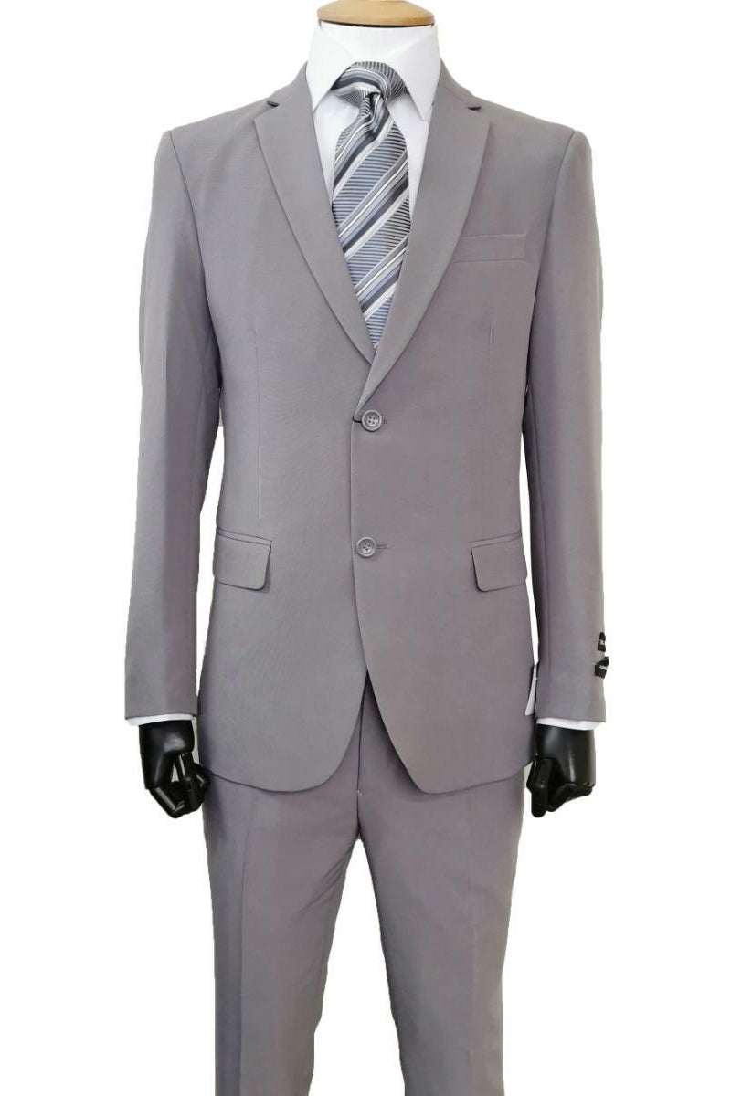 "Grey Slim Fit Poplin Basic Suit - Men's 2 Button Style"