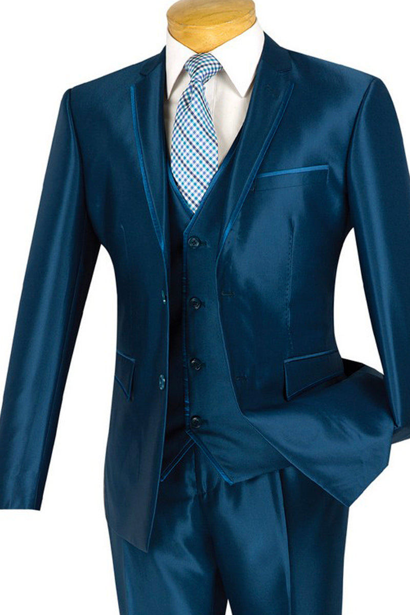 Mens Ultra Slim Fit Vested Shiny Sharkskin Suit with Trim in Navy - 36 Short