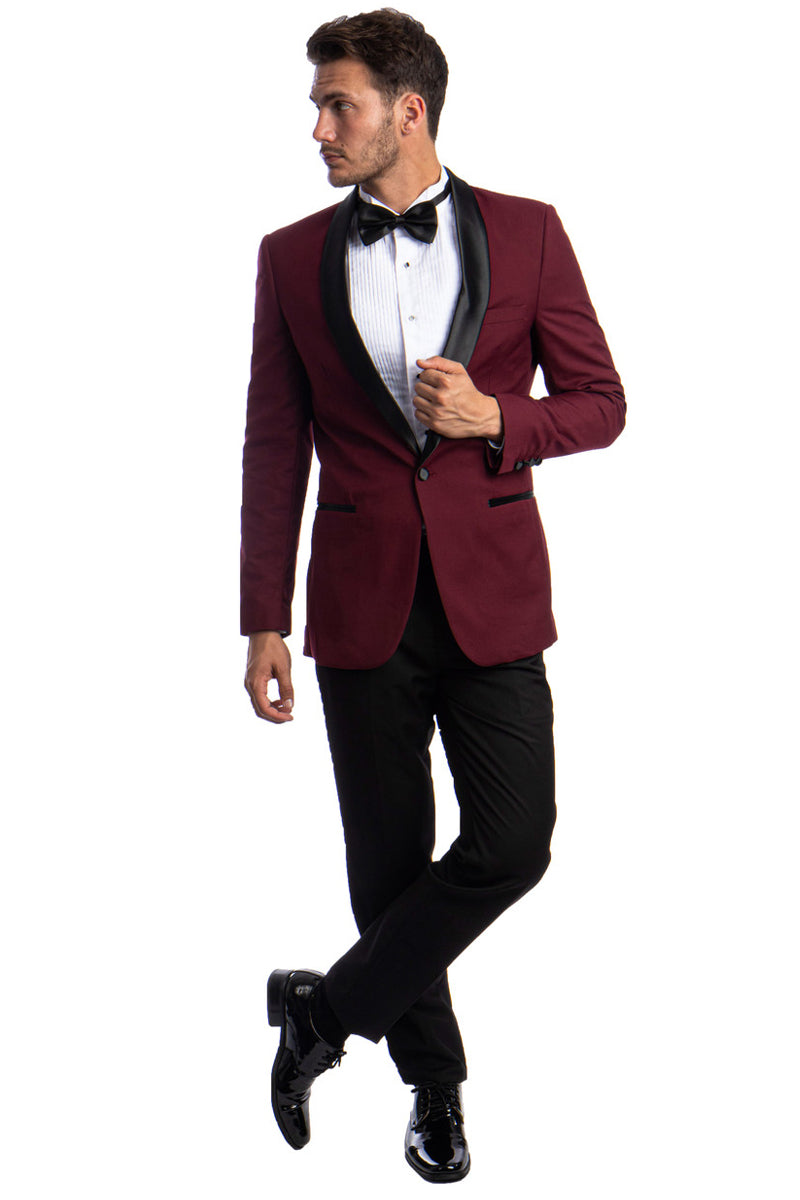 "Burgundy Men's Skinny Fit Shawl Tuxedo - One Button Prom 2026 Suit" - 34 Short