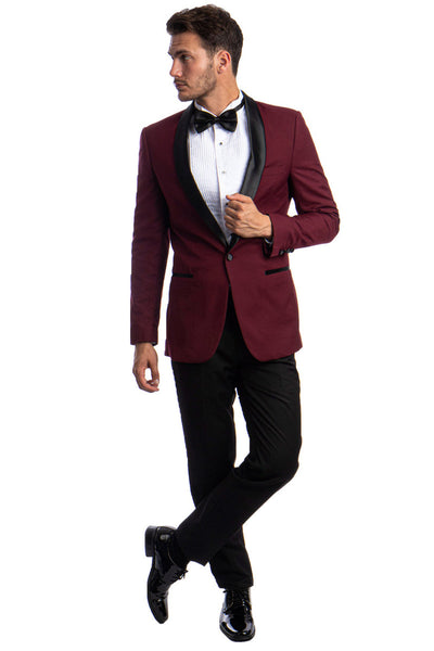 "Burgundy Men's Skinny Fit Shawl Tuxedo - One Button Prom 2026 Suit"