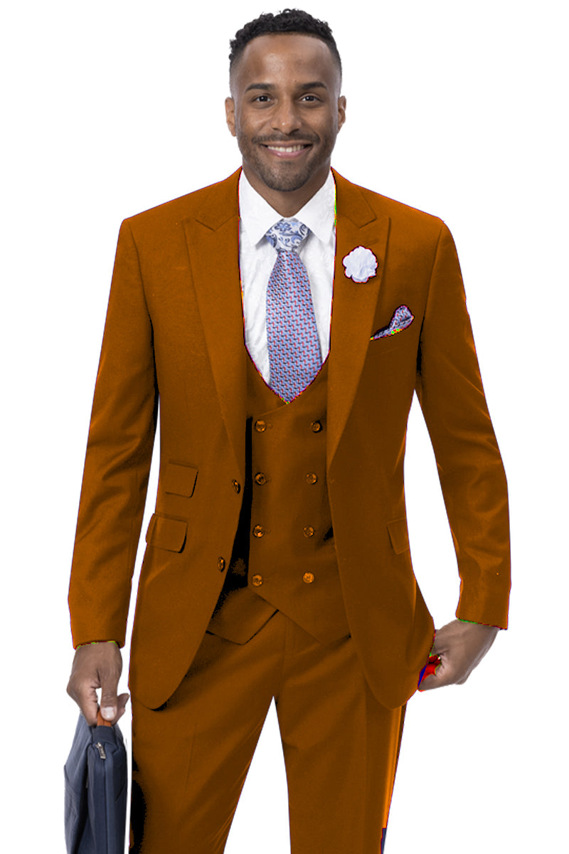 "Rust Men's Modern Two-Button Suit with Double-Breasted Vest - Peak Lapel"