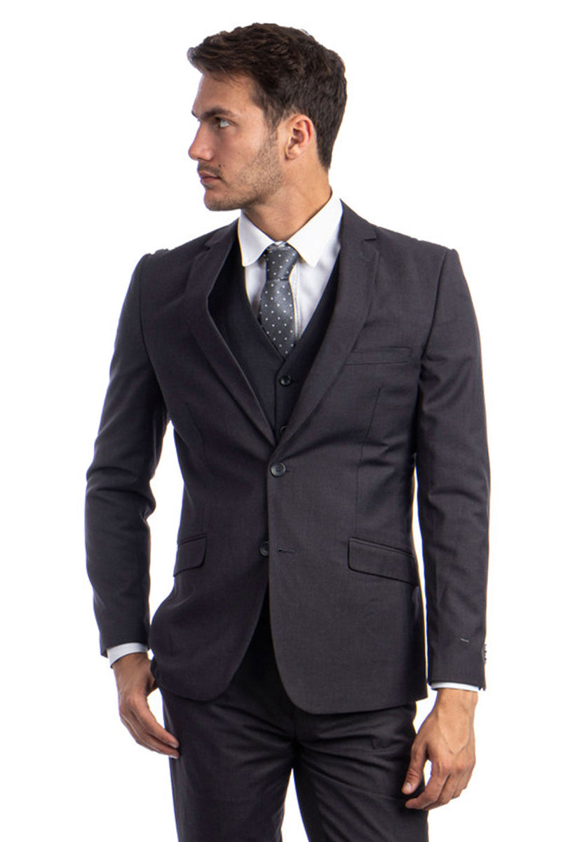 "Charcoal Grey Men's Hybrid Fit Vested Suit - Two Button Basic"