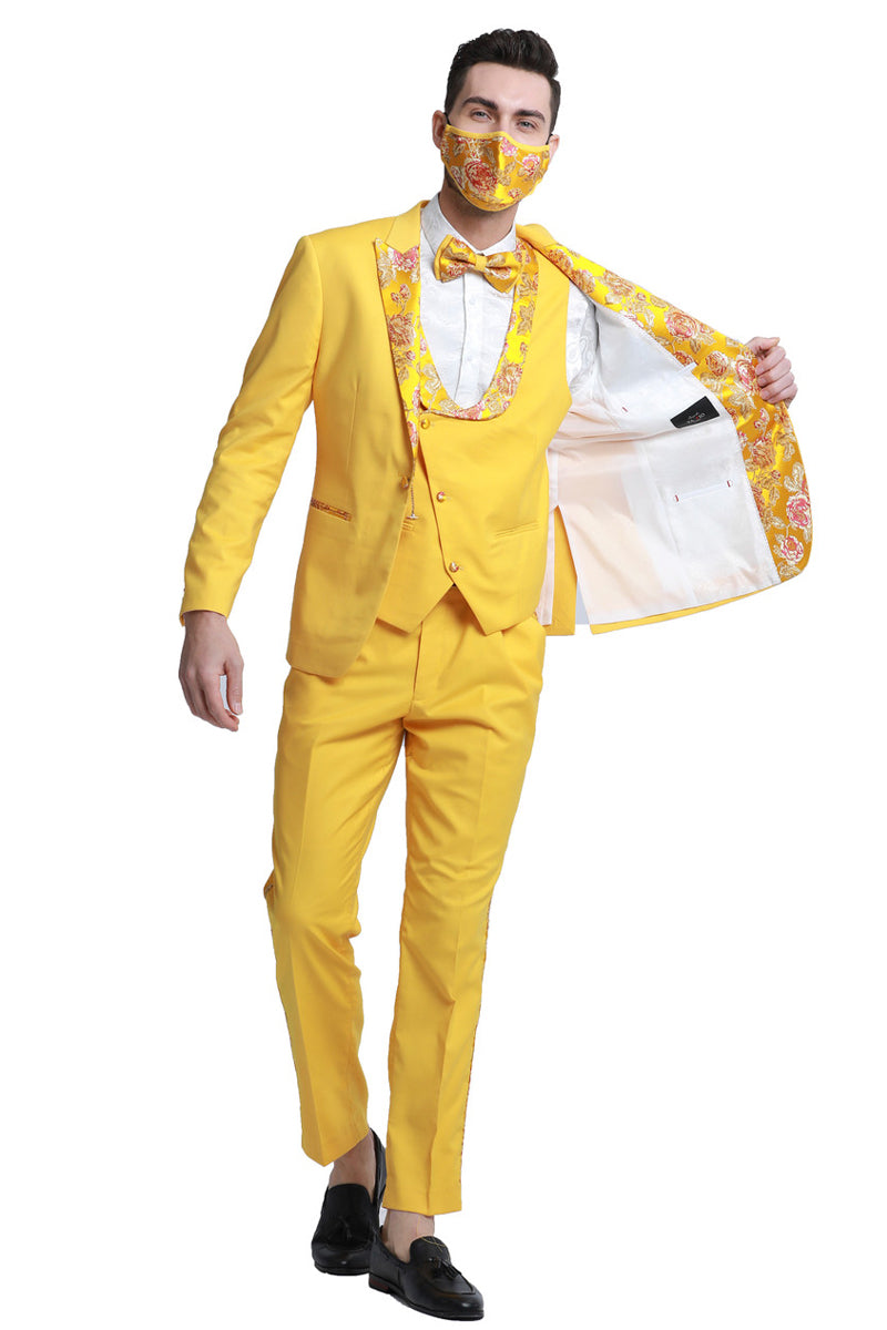 "Yellow Gold Floral Lapel Men's Tuxedo - One Button Vested for Prom 2025 & Wedding" - 34 Short