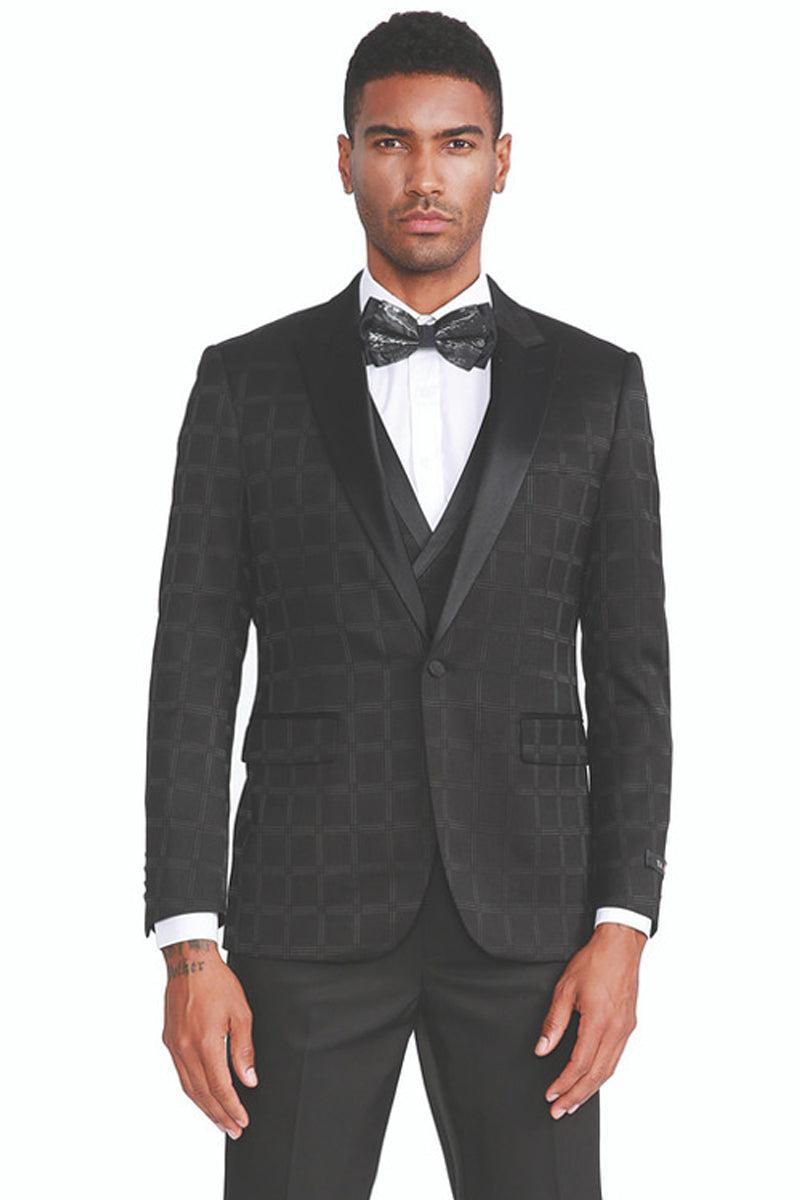 "Black Plaid Men's Tuxedo with One Button Peak Lapel & Double Breasted Vest"