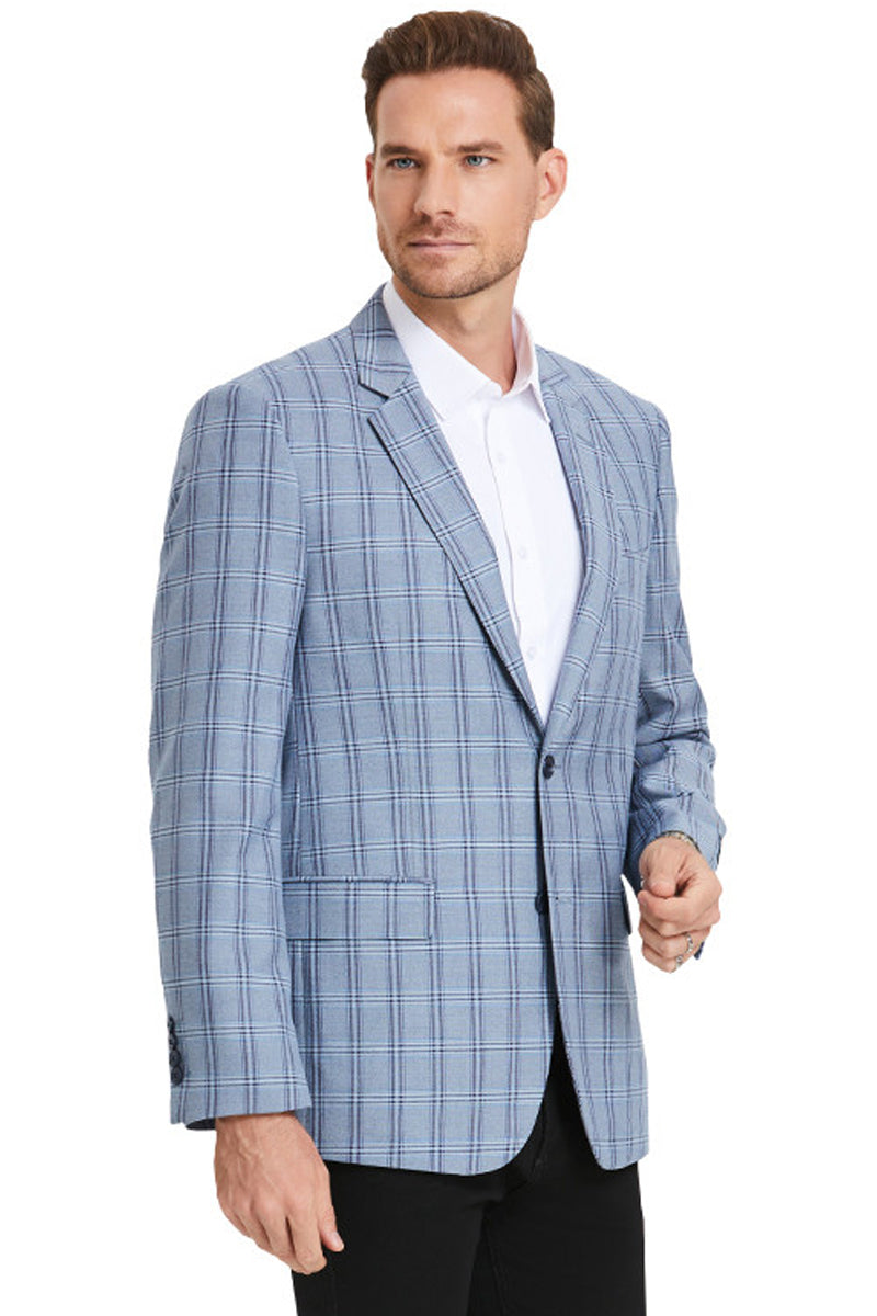 "Men's Business Casual Double Windowpane Sport Coat - Navy Blue Two Button"