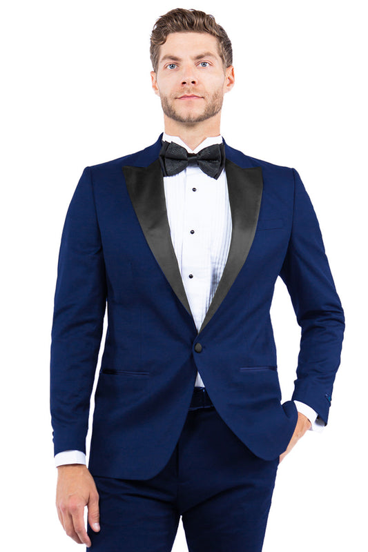 "Men's Navy Modern Fit Tuxedo Jacket with Black Lapel - One Button Peak Lapel"