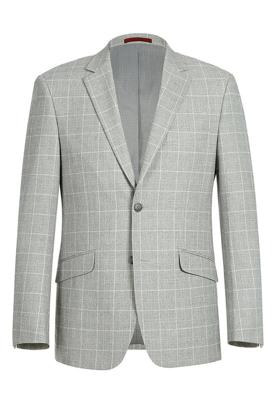 "Men's Slim Fit Two-Button Sport Coat Blazer - Light Grey Ash Windowpane Plaid"