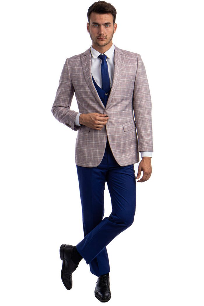 "Peak Lapel Pink Glen Plaid Men's Suits with Double Breasted Vest"