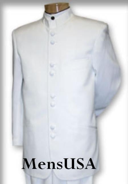 Quality Pure Snow White Mandarin Collar Tuxedo Suits For Men Light Weight Soft Fabric - All White Suit - 34 Short or Extra Small